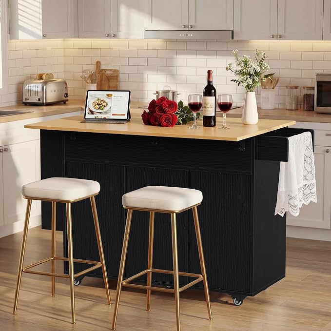 YESHOMY Kitchen Island on Wheels with Trash Cabinet, 56" Mobile Cart with Drop Leaf and Drawers, Rolling Portable Table with Spice Rack & Towel Holder for Dining Room, Black & Oak