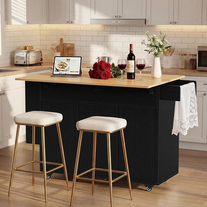 YESHOMY Kitchen Island on Wheels with Trash Cabinet, 56" Mobile Cart with Drop Leaf and Drawers, Rolling Portable Table with Spice Rack & Towel Holder for Dining Room, Black & Oak