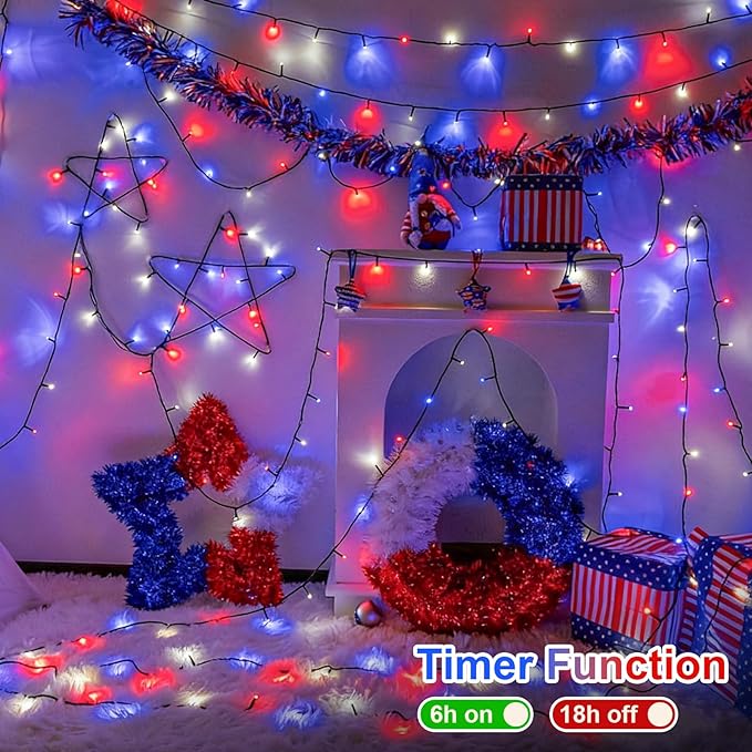 QITONG 500 LED Red White and Blue String Lights, 165ft 4th of July Decorations Lights Plug in Outdoor Indoor, 8 Modes Patriotic Light Green Wire for Independence Memorial Day Décor