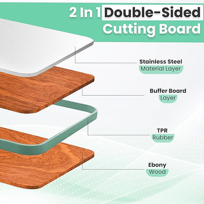 Double-Sided Cutting Board – Generously Sized Stainless Steel & Ebony Wood, Non-Slip Chopping Board with Juice Groove – 2-in-1 Cutting board for Fish, Meat, Vegetables, BBQ, Charcuterie.