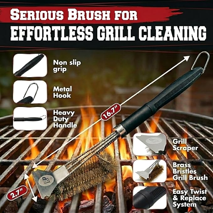 KITCHEN PERFECTION Brass GrillSaver - Safe BBQ Grill Brush with Replaceable Cleaning Head -Heavy-Duty Grill Cleaner w/Scraper for Porcelain & Ceramic Grates, Includes Magnetic Hanger & Bottle Opener