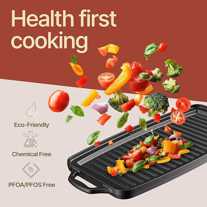 Bakken 19” Reversible Cast Iron Griddle, Flat & Grill Side, Dual Burner Cooking Plate for Pancakes, Meats & Veggies, Pre-Seasoned, Nonstick, Oven & Campfire Safe, Heavy-Duty Griddle Top with Mitt