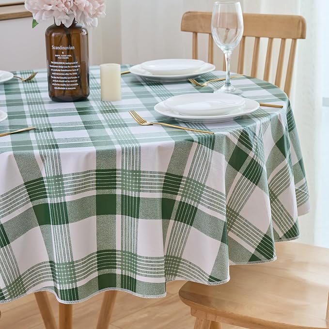 NLMUVW Round Vinyl Tablecloth with Flannel Backing 60 Inch, 100% Waterproof PVC Table Cloth Wipe Clean Table Cover for Dining Party Camping Outdoor, Green Check