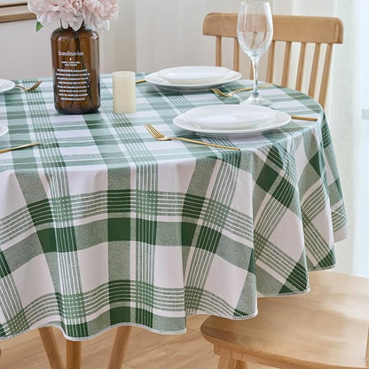 NLMUVW Round Vinyl Tablecloth with Flannel Backing 60 Inch, 100% Waterproof PVC Table Cloth Wipe Clean Table Cover for Dining Party Camping Outdoor, Green Check
