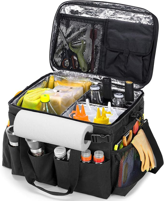 HODRANT Large Grill Caddy with Lid, BBQ and Picnic Bag Organizer with Paper Towel Holder, Tailgating Accessories Basket for Barbecue Utensil & Camping Gear Must Haves, Black, Bag Only