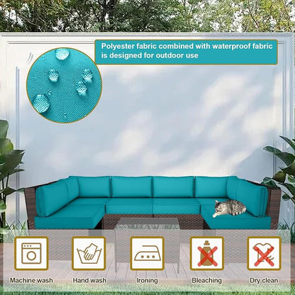 14 Piece Outdoor Patio Cushion Cover Replacement, Waterproof Patio Cushion Covers, Outdoor Furniture Cushion Covers Set for 6 Seat Wicker Rattan Sofa (Turquoise)