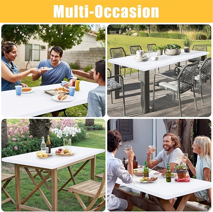 Rectangle Table Cloth, Waterproof Elastic Fitted Tablecloth for 6 Foot Folding Tables, Washable Polyester Tablecloths for Picnic, Camping, Outdoor (White, 30"x72")