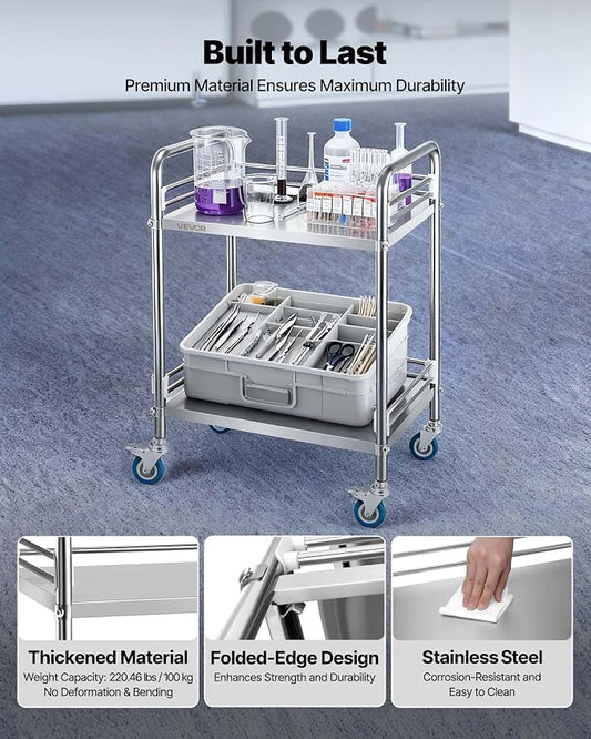 VEVOR Stainless Steel Rolling Cart, 2-Tier Metal Utility Cart with Lockable Wheels, Medical Serving Trolley Clinic Tray, Mobile Service Cart for Hospital, Lab, Restaurant, Kitchen, Salon