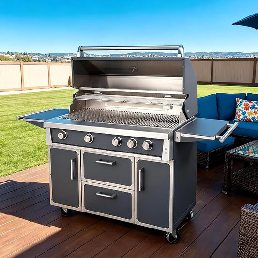 49" Stainless Steel Grey Grill, 4 Burners & Infrared Burner, Natural Gas | 99,000 BTU Four Cast Burners & Infrared Back Burner for Garden & Outdoor Cooking 304 stainless steel Storage drawers