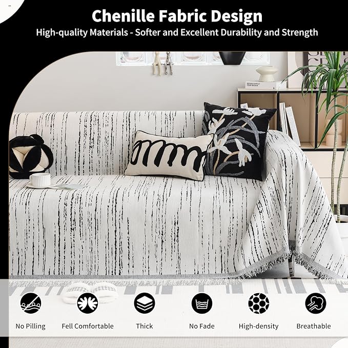 WEYOND Chenille Couch Cover Tassels, Sofa Cover Washable, 71" x 134", White | Pet Friendly Sofa Slipcover for Sectional Sofa, Loveseat, 2 or 3 Cushion Couch, Corner Sofa, Futon Cover