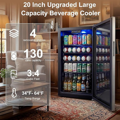 20 Inch Beverage Refrigerator, Mini Fridge with Glass Door for Soda Beer– 130 Can Small Fridge for Home Office Bar, 3.4 Cu.Ft Drink Cooler with Reversible Door, Digital Temperature Control