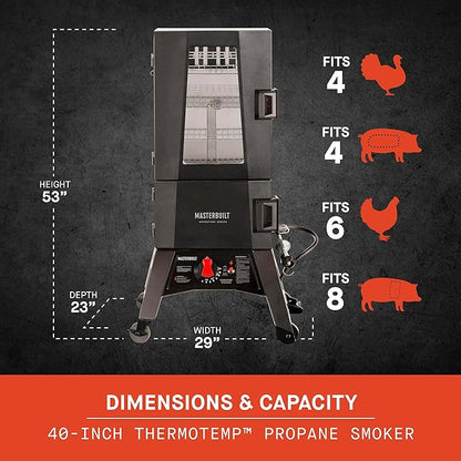 Masterbuilt® 40-inch ThermoTemp Propane Gas Vertical BBQ Smoker with Analog Temperature Control and 960 Cooking Square Inches in Black, Model MB20051316