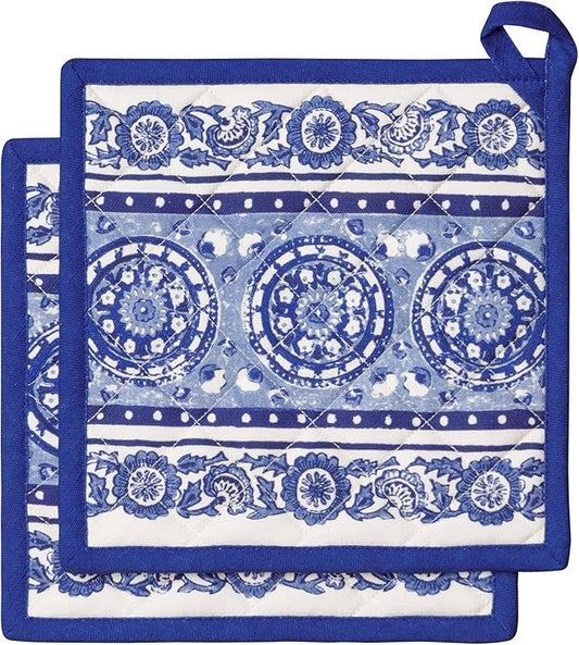 Maison d' Hermine Pot Holders 100% Cotton Heat Resistant Potholders 8" x 8" Hot Pads with Loop BBQ Cooking Baking Hotel Farmhouse Kitchen Handling Hot Pans Spring Summer (Pack of 2, Melodie Bleue)