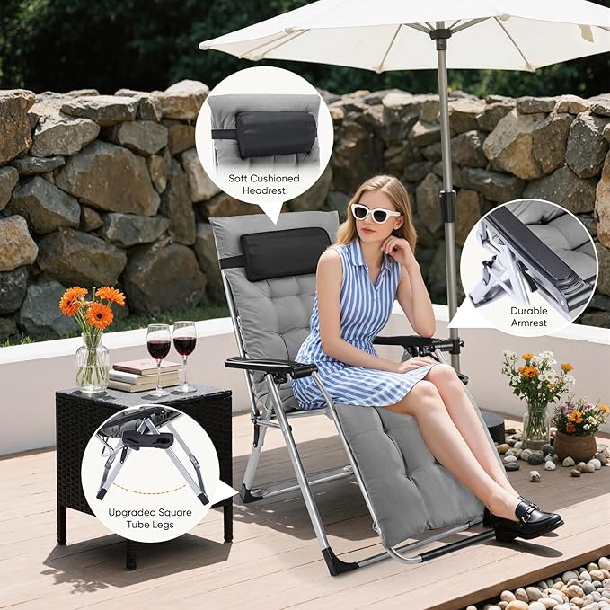 DUMOS Zero Gravity Chairs Set of 2, Lounge Chair Outdoor with Cup Holder | Folding Reclining Chairs for Indoor, Outside, Beach, Camping and Patio, Gray