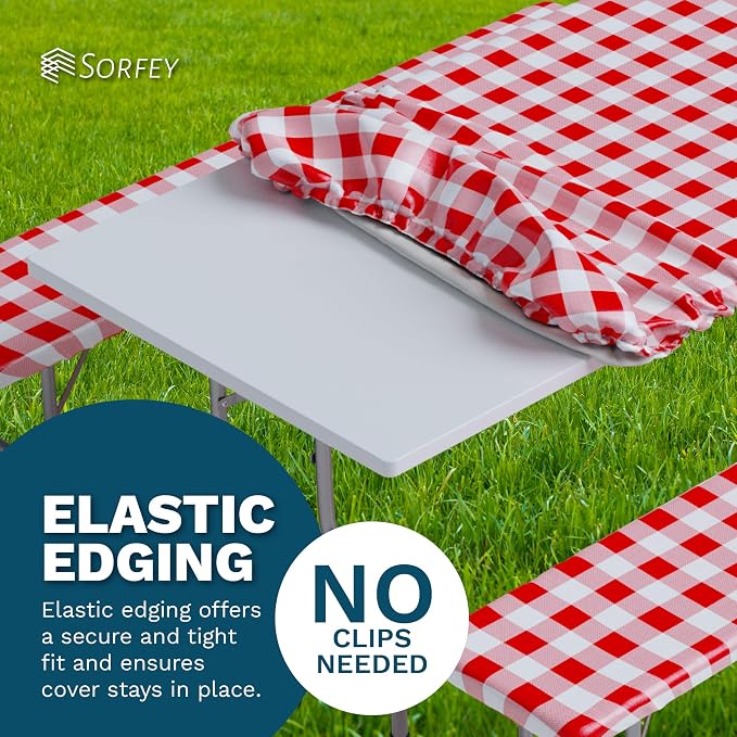 Picnic Table Cover with Bench Covers -Fitted with Elastic, Vinyl with Flannel Back, Fits for Table 30"x 72" Rectangle,Water Proof, Solid Grey Design