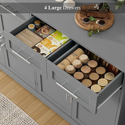 HOSTACK 60" Large Buffet Sideboard with Storage, 36" Tall Kitchen Buffet Storage Cabinet with 4 Drawers, Modern Coffee Bar Cabinet with Silver Handles, Long Sideboard Buffet Table for Kichen, Grey