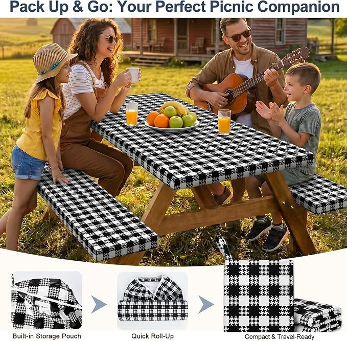 Picnic Table Cover with Bench Covers Windproof Waterproof Picnic Table Covers Camping Tablecloth with Self-Storage Bag, 72in, Black White