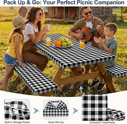 Picnic Table Cover with Bench Covers Windproof Waterproof Picnic Table Covers Camping Tablecloth with Self-Storage Bag, 72in, Black White
