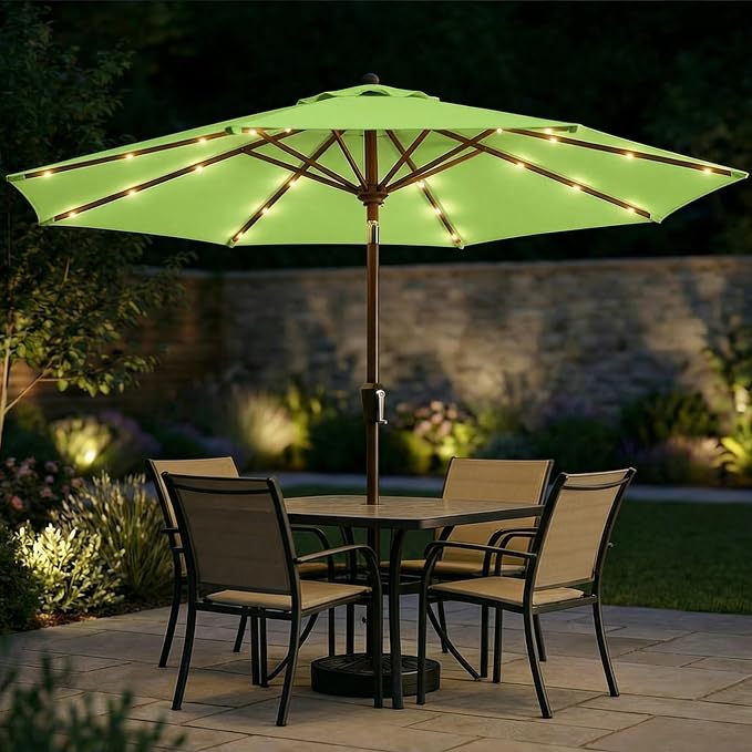 10FT Solar Patio Umbrella with Lights, Outdoor Table Market Umbrella with 32 LED Lights, 8 Sturdy Ribs, Push Button Tilt and Crank for Pool, Deck and Garden, UV-Resistant