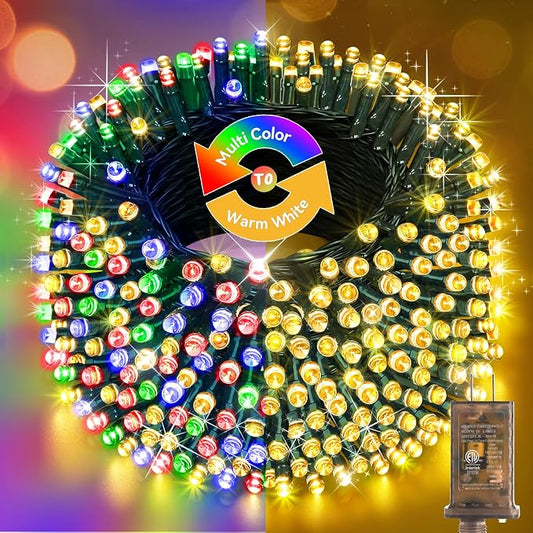 Hezbjiti 403FT 1000LED Color Changing Christmas Lights Outdoor, 11 Modes String Lights IP44 Waterproof Fairy Lights for Party Wedding Tree Decorations (Warm White and Multicolor, Green Wire)