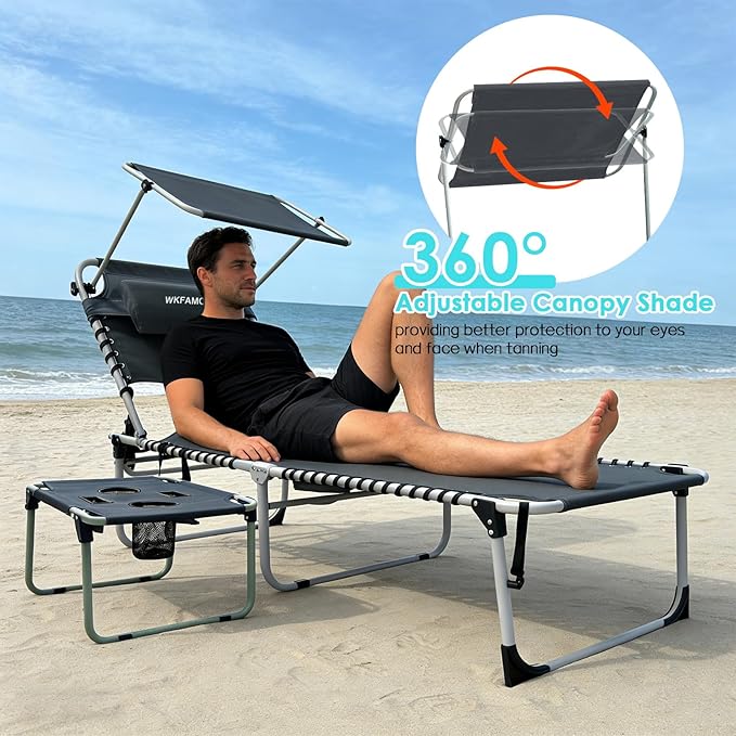 Outdoor Tanning Chair with Sun Canopy Shade & Face Hole, Folding Lounge Chair with Beach Table and Carry Bag for Poolside Sunbathing Lawn