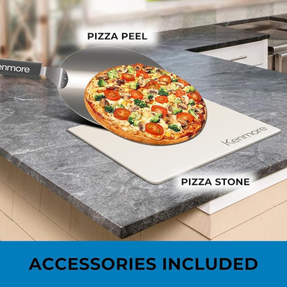 Kenmore Outdoor Indoor Electric Pizza Oven - Makes 13 inch Wood Fired Style Pizza At 850F High Heat, Weather Resistant, 5 Presets, Pizza Stone & Peel, Stainless Steel Horno Electrico