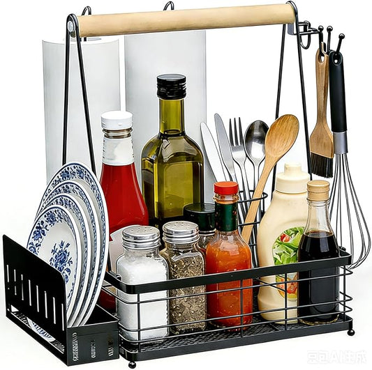 Grill Caddy, BBQ for Outdoor Grill with 2 Paper Towel Holders, Picnic BBQ Condiment Utensil Organizer Caddy for Outdoor Cooking, Rv, Camping Essential, Camper Must Haves,Gifts for Men