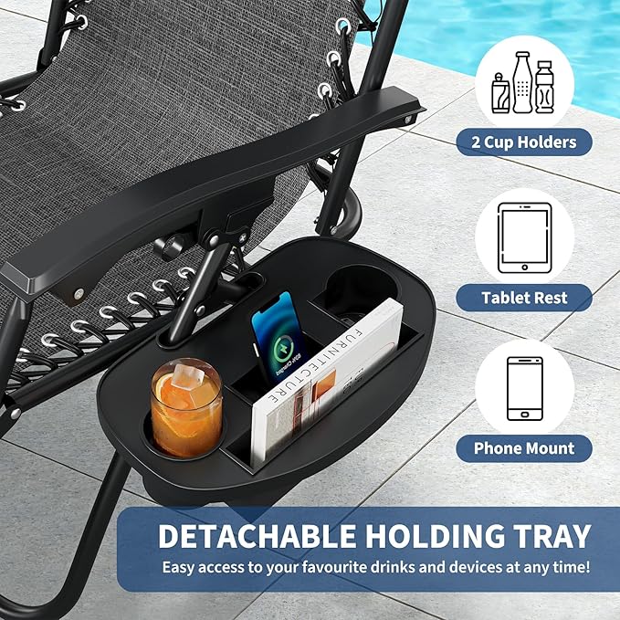 Garvee Zero Gravity Chair Set of 2, Patio Lounge Chair Outdoor with Pillow & Cup Holder Tray, Adjustable Reclining Chair, Folding Portable Camping Chair for Deck, Beach, Yard, Garden - Gray