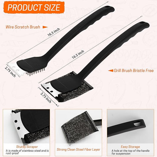 Grill Brush with Scraper Set 2 PCS Stainless Steel Wire Brush with Spatula and Bristle Free Steam Cleaner for BBQ Grill Cleaning Barbeque Grill Brushes