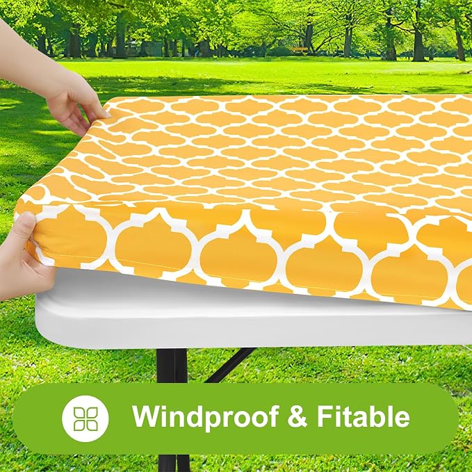 Smiry Picnic Fitted Table Cover, 4 Foot Flannel Backed Vinyl Tablecloth | Waterproof Elastic Stretch Table Cloth, Wipeable Plastic Tablecloth for Camping, Indoor & Outdoor (Mustard Yellow, 30" x 48")