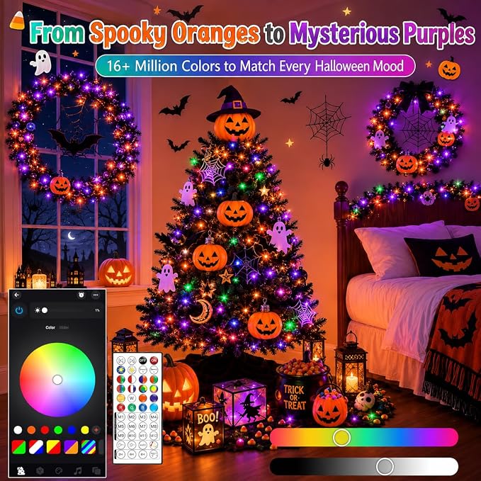 600LED 188FT Smart Color Changing Halloween String Lights RGB App & Remote | Music Sync, 16 Million DIY Colors, Timer & Memory, Waterproof Twinkle Lights Indoor Outdoor for Halloween Fall Decor