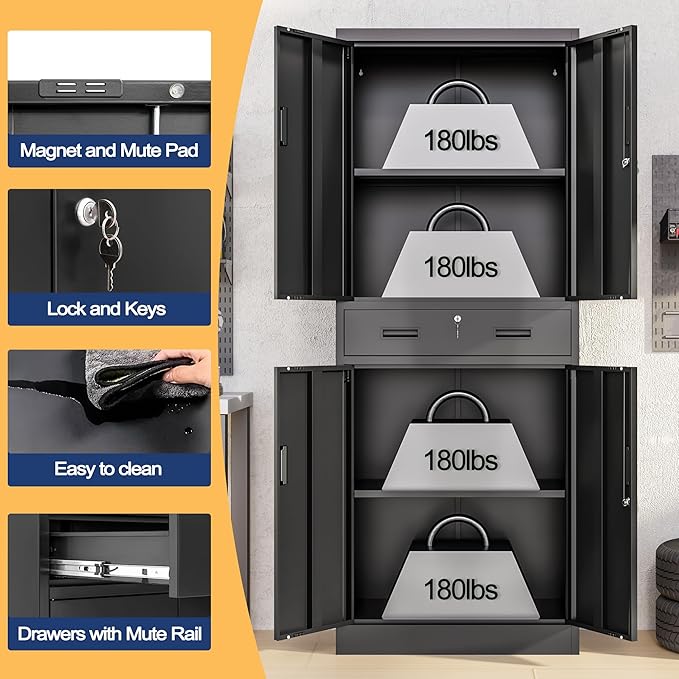 Wanfu Metal Storage Cabinet, 71" H x 28" W x 16" D Locking Storage Cabinet with Adjustable Shelves and 1 Drawer, Steel Cabinet for Office, Garage, Home, School, Utility (Black)