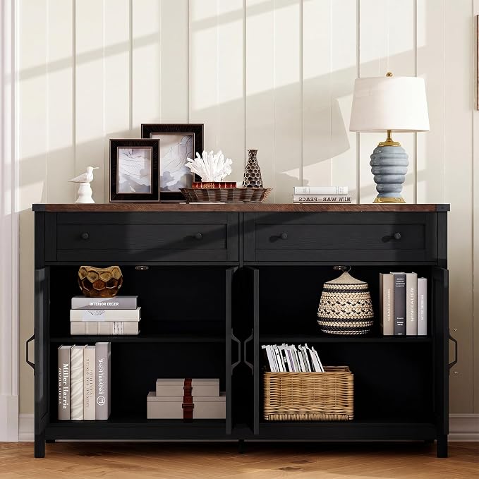 ChooChoo 55" W Coffee Bar Cabinet, Kitchen Storage Cabinet with 2 Drawers | Farmhouse Sideboard Buffet Cabinet, Adjustable Shelf & 4 Doors, Vintage Black