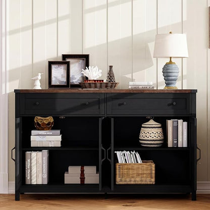 ChooChoo 55" W Coffee Bar Cabinet, Kitchen Storage Cabinet with 2 Drawers | Farmhouse Sideboard Buffet Cabinet, Adjustable Shelf & 4 Doors, Vintage Black