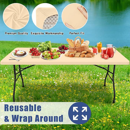 Moosfor 2 Pack Rectangle Spandex Fitted Table Cloth, 4FT Elastic Tablecloth | Washable Picnic Table Cover, Stretch Waterproof Table cloths for Party, Patio, Dining, Kitchen, 24" x 48", Ivory