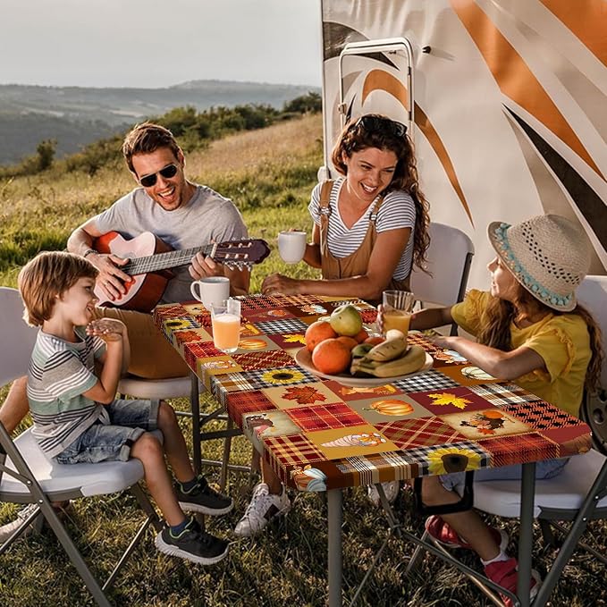 Fall Pumpkin Picnic Table Cover with Bench Covers Thanksgiving Maple Leaves Sunflower Plaid Camping Tablecloth Waterproof Elastic Edges Fitted Rectangle Tables Cover for Indoor Outdoor 3PCS 30x72 Inch