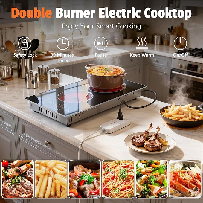 2 Burner Electric Cooktop - 110v Countertop and Built-in Electric Stove 2000W, 12 Inch Ceramic Stove with Residual Heat Indicator, Over-Temperature Protection, Knob Control, 110-120V Plug in