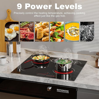 Hobsir 24 Inch Electric Cooktop 4 Burner 6000W, 24" Radiant Electric Stove Top, Built-in Ceramic Stove Top with Sliding Control, Timer, Safety Lock, 9 Power Levels, 220V-240V Hard Wire (No Plug)