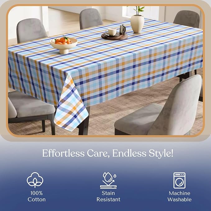 Gingham Tablecloth 60"x102" Cotton Washable Table Cover for Indoor Outdoor Dining, Holiday Events, BBQ, Everyday Table Settings, Indigo Blue, Mustard Yellow, Aqua Blue White
