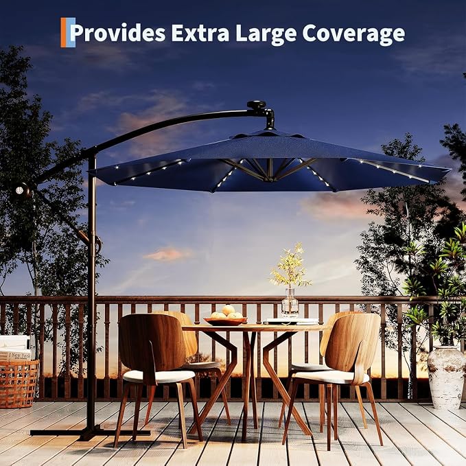 Garvee 10FT Solar Lights Offset Patio Umbrella with Cross Base, Navy Blue | Cantilever Umbrella with Easy Lift & Tilt Adjustment, 8 Ribs Sun umbrella UV Protection for Backyard, Pool, Garden