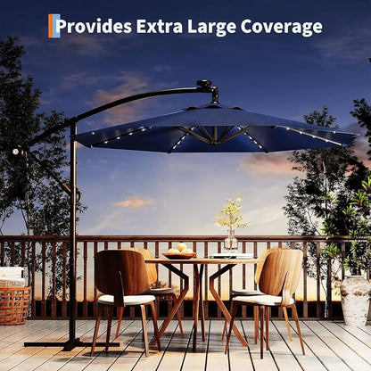 Garvee 10FT Solar Lights Offset Patio Umbrella with Cross Base, Navy Blue | Cantilever Umbrella with Easy Lift & Tilt Adjustment, 8 Ribs Sun umbrella UV Protection for Backyard, Pool, Garden