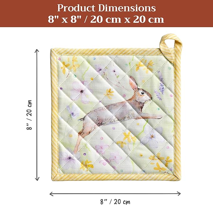 Maison d' Hermine Pot Holders 100% Cotton Heat Resistant Potholders 8" x 8" Hot Pads with Loop BBQ Cooking Baking Hotel Farmhouse Kitchen Handling Hot Pans Spring Summer (Pack of 1, Easter Zest)