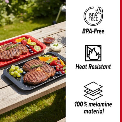 2PCs Prep and Serve Trays, 17" x 10.5" Melamine Deep Grilling Prep & Serve Trays, Melamine Trays | Serving Tray & Marinating Tray, BBQ Platters for Raw and Cooked Food, Serving Trays (Red, Black)