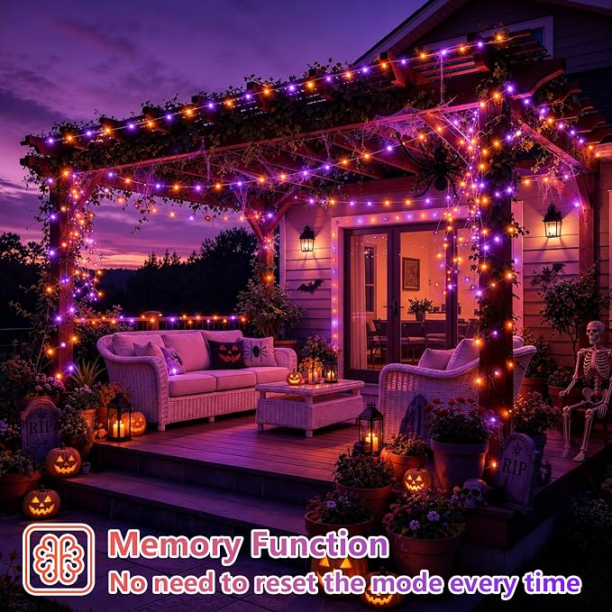 YEGUO 4 Pack Halloween Solar Fairy Lights, Each 33ft 100 LED Orange and Purple Christmas Lights Outdoor Waterproof, 8 Modes Sliver Wire Solar String Lights
