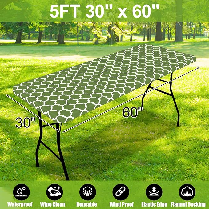 Smiry Picnic Fitted Table Cover, 5 Foot Flannel Backed Vinyl Tablecloth | Waterproof Elastic Stretch Table Cloth, Wipeable Plastic Tablecloth for Camping, Indoor & Outdoor (Green, 30" x 60")