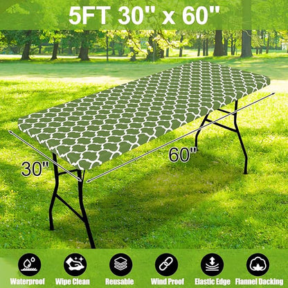 Smiry Picnic Fitted Table Cover, 5 Foot Flannel Backed Vinyl Tablecloth | Waterproof Elastic Stretch Table Cloth, Wipeable Plastic Tablecloth for Camping, Indoor & Outdoor (Green, 30" x 60")