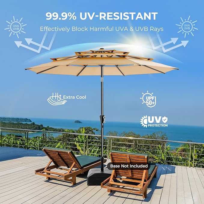 9FT 3-Tier Patio Umbrella, Vented Outdoor Market Table Umbrella | 5-year fade resistant commercial canopy with UPF50+ UV protection. Push button tilt & crank for pool, backyard, deck shade
