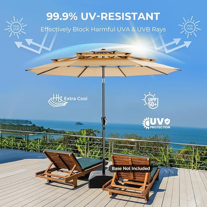 9FT 3-Tier Patio Umbrella, Vented Outdoor Market Table Umbrella | 5-year fade resistant commercial canopy with UPF50+ UV protection. Push button tilt & crank for pool, backyard, deck shade