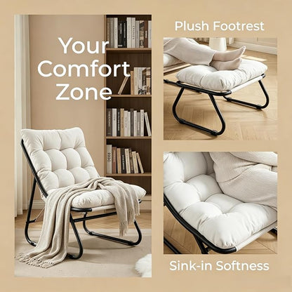 Rocking Chair with Ottoman, Modern Metal Frame Outdoor Rocker, Comfy Patio Lounge Chair with Footrest, Reading Glider Chairs for Living Room, Bedroom, Balcony, Garden, Relax, White