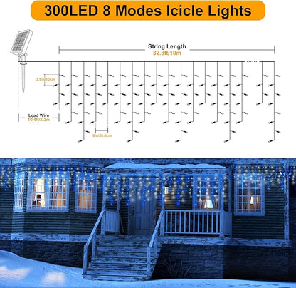 300 LED Solar Icicle Lights Outdoor with Remote Control, 33ft 8 Modes Curtain String Lights with 50 Drops, Christmas Holiday Wedding Party Decorations, Blue+White